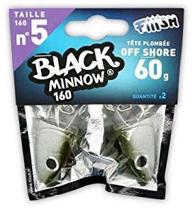 Fiiish Lures - Black Minnow Cabeza OffShore KAKI BM160 - Cabeza Plomada para Señuelo Blando de Vinilo - Pesca Jigging - Pack x 2 Cabezas OffShore de 60g Nº5