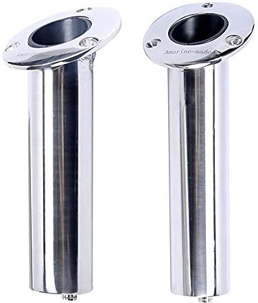 (Set of 2) Amarine-Made Heavy Duty Stainless Steel 316 Deluxe Rod Holders with Drain, Flush Mount Fishing Rod Pole Holders, 30 Degree