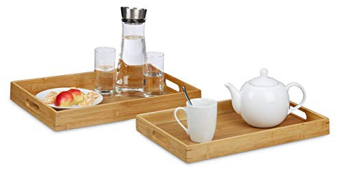 Relaxdays Pack de 2 Bandejas Madera Rectangular con Asas y Reborde, Bambú, Marrón, 45 x 42 cm, Acero