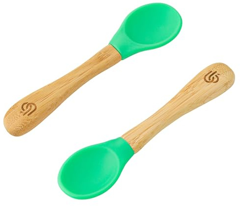 bamboo bamboo ® Cucchiai Baby Svezzamento Set 2 | Bamboo con Morbido Silicone | Manici Ergonomici Facili | Senza BPA (Set 2, Verde)