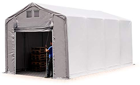 TOOLPORT Tente de Stockage 4x8m, Tente Industrielle, 3m Hauteur de côté, avec Porte actionnée par Traction, PVC 850 N, imperméable,Gris