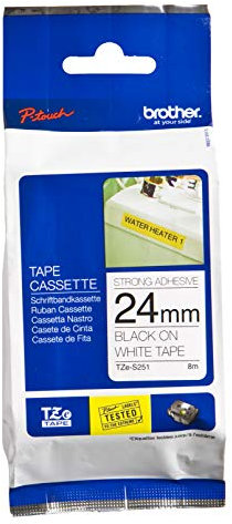 Brother TZe-S251 Labelling Tape Cassette, Black on White, 24mm (W) x 8M (L), Strong Adhesive, Brother Genuine Supplies