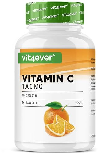 Vitamina C 1000mg - 365 tabletas en un año - Efecto retardado - Probado en laboratorio - Vitamina C + extracto de rosa mosqueta + bioflavonoides cítricos - Vegano - Altamente dosificado