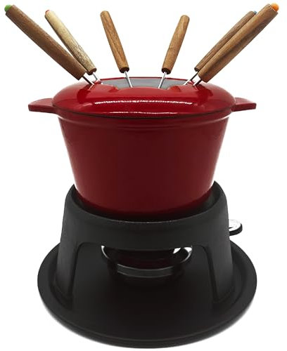 Andrew James Fondue Set for Cheese or Chocolate, Red Enamelled Cast Iron with 130mml Capacity and Gel Fuel Burner, Cast Iron Pot On Tripod with 22cm Base, Includes 8 Colour Coded Fondue Forks