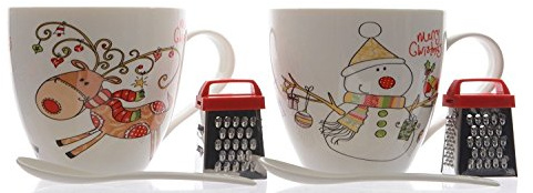 Tasse Becher Schokobecher aus Porzellan mit Reibeeisen und Löffel Elch oder Schneemann