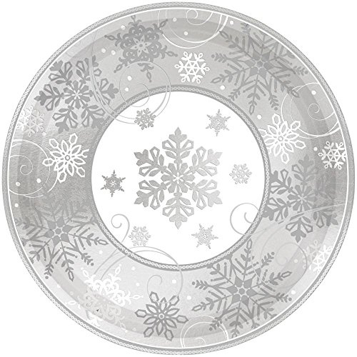 Sparkling Snowflake Round Metallic Dinner Paper Plates Christmas Party Disposable Tableware, 12”