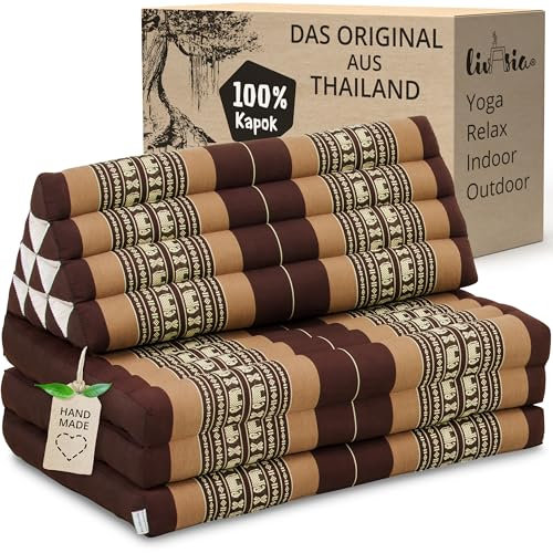livasia Thaikissen 3 Auflagen für Paare XXL - 190x80x8cm - Dreieckskissen Klappmatratze, extrabreit Kapok, Rückenkissen faltbar, Thaimatte zum Klappen, Meditationskissen (Braun/Elefanten)