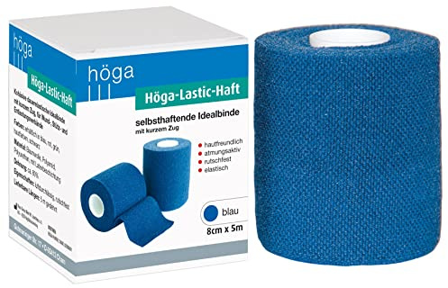 Höga-Lastic-Haft blau, kohäsive (selbsthaftende) Idealbinde mit kurzem Zug - 8 cm x 5 m gedehnt, atmungsaktiv, rutschfest, elastisch