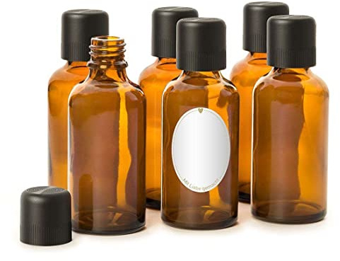 PRIMAVERA Leerflaschenset 6 x 50 ml - Flaschen zum Abfüllen - mit Gießring, Verschluss und Etikett - Aromatherapie, Ölmischungen
