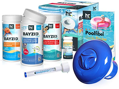 Bayzid® Kit de Démarrage pour Piscine - 7 Pièces pour l'Entretien de l'eau - Granulés de Chlore, Correcteur de pH, Pastilles Multi-Usages, Thermomètre, Pompe Doseuse, Bandelettes et Guide