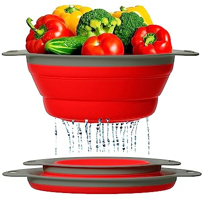 Comfify Ultimate Kitchen Strainers Set of 2 - Collapsible Silicone Colanders For Easy Storage - Use with Pasta & Veggies or as a Fruit or Berry Bowl with Strainer - Irreplaceable for Campers - Red