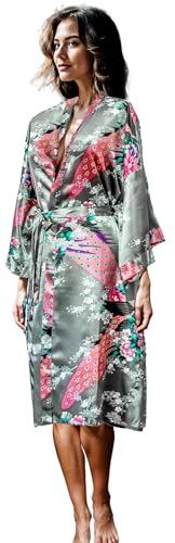 Kimono Robe långa 16 färger PREMIUM Peacock brudtärna möhippa kvinnor present (Grå)