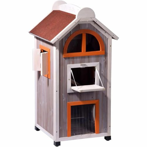 dobar® 55018FSC Katzenhaus Fancy Cat - Katzenhütte aus lasiertem Massivholz - Katzenhöhle inkl. Hängematte - Großer Katzenturm für drinnen & draußen - 58 x 55 x 109 cm