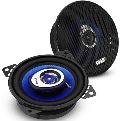 Pyle Par de altavoces para auto de 4”, Coche, Cono de inyeccion de polietileno azul, Pico de 2 vias de 180V, Frecuencia de 20Khz, 4ohm, Bobina movil ¾