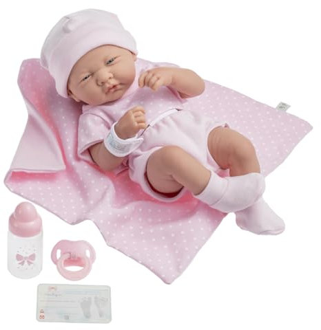 jc toys- La Newborn Newborn Doll 38 cm is Made of Soft Vinyl, with Knitted Clothes and Accessories, Girl, pink, Designed in Spain by Berenguer, +2 Years Old