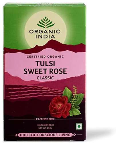 Organic India Tulsi Sweet Rose Tea, Caffeine-Free Herbal Tea, Organic & Natural Ingredients, 18 Tea Bags