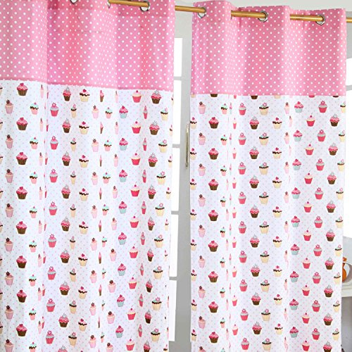 Homescapes Kindervorhang Mädchen Kinderzimmer Ösenvorhang Dekoschal Cup Cakes 2er Set (Breite x Länge je Vorhang) 100% Reine Baumwolle (117 x 137 cm)