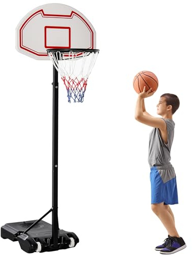 HOMCOM Canasta de Baloncesto de Pie Ajustable de 194-249 cm con Base Rellenable de Agua 30 kg o Arena 35 kg y Ruedas de Transporte para Niños y Adultos Multicolor