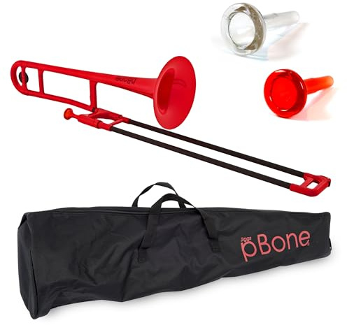 pBone Bb Plastic Trombone - Lightweight pInstruments Design with Ergonomic Grip - Includes Mouthpieces & Carrying Bag - Authentic Bb Sound for Students & Beginners - Durable ABS - Red