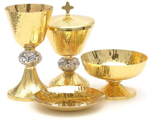 Holyart Kelch Ziborium Patenen mit Engel Messing und Silber, Hostienschale