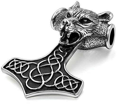 OIDEA Herren Wikinger Wolfskopf Halskette: Wolf Kopf Halbmond Thors Hammer Anhänger mit Weizenkette Odin Glocke Speer Spartaner Helm Nordisch Viking Schmuck Geschenk für Männer