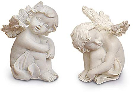 TEMPELWELT® Deko Engel Figur Sitzend Schlafend im 2er Set je 8 cm, Polystein Altweiß, Engelfigur Schutzengel Engelkind Dekoengel Engelchen Träumend