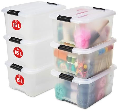 Iris Ohyama Aufbewahrungsbox mit Deckel, 15L, 6er-Set, Transparent, Schnappverschlüsse mit Griffen, Stapelbar, Stark & Langlebig, Für Kleidung, Garage, Zuhause, Büro, Plastikbox, Lagerung TB-15
