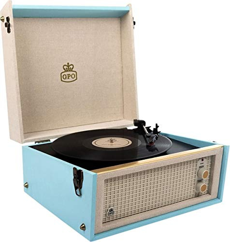 GPO Bermuda Giradischi Retro con Gambe Rimovibili, Giradischi con Altoparlante Integrato, MP3, USB, Lettore di Vinili Compatibile con Altoparlanti Esterni - Azzurro