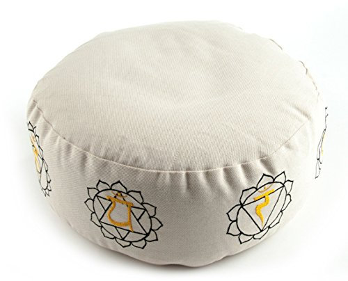 TEMPELWELT Yogakissen Meditationskissen Chakra Chakrasymbole 36 x 15 cm rund, Bezug Baumwolle Natur abnehmbar, Füllung Buchweizenspelz, Yoga Kissen Bolster Jogakissen