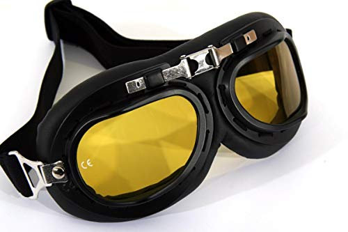 Motorradbrille schwarz gelb getönte Gläser schwarzer Rahmen Kunstleder