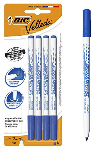 Bic Velleda 1721 Filzstift, trocken abwischbar, Blau, 4 Stück