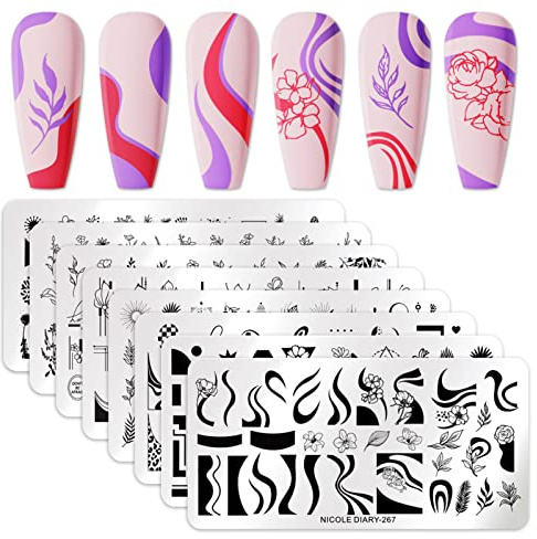 Born Pretty Nail Art Stamping Templates Set Flowers Leaves Plant French Stamping Image Plates Manicure DIY Design Stamp Plates 8PCS