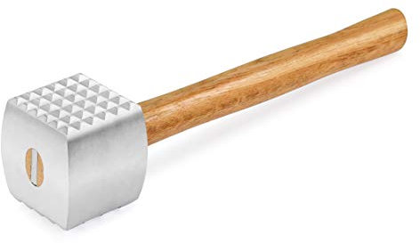 New Star Foodservice Improved Quality Aluminum Meat Tenderizer with Wood Handle, 13 Inch Meat Mallet and Hammer, Dual-Sided Tenderizer for Beef, Chicken, Pork, and Venison