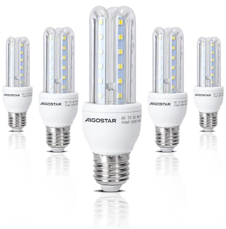 Aigostar - Pack de 5 Bombillas LED E27 9W, Casquillo Gordo, Luz Blanca Fría 6500K, Ángulo 360°, 840 lúmenes, no regulable, B5 T3 3U
