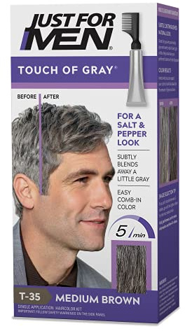 Just For Men Touch of Gray, Mens Hair Color Kit with Comb Applicator for Easy Application, Great for a Salt and Pepper Look - Medium Brown, T-35, Pack of 1
