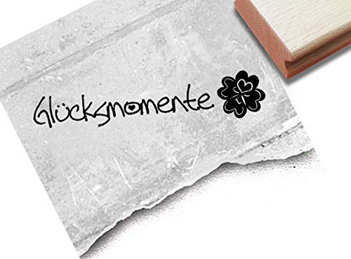 Stempel Textstempel Glücksmomente mit Kleeblatt in Handschrift - Schriftstempel Glückwünsche Hochzeit Geburt Scrapbook Basteln Deko - zAcheR-fineT