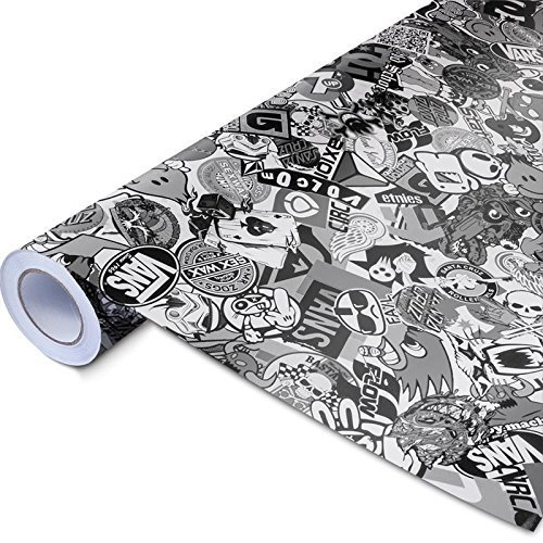 Auto-Dress® Stickerbomb Auto-Folie mit Luftkanal-Technik für 3D Car-Wrapping | Mit Marken & Logos, JDM Kfz Aufkleber (500x150cm, Design: Skate, Farbe: Schwarz-Weiß, Finish: Glanz)