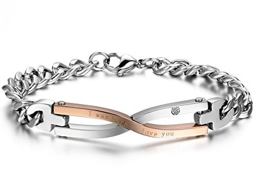 JewelryWe Schmuck Damen Armband, Lieben Freundschaftsarmband Valentinstag Paar Geschenke, I was Born to Love You Infinity Charms Armreif, Zirkonia Edelstahl, Rose Gold Silber