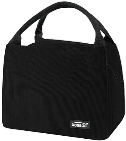 AOSBOS Kühltasche Klein Lunchtasche Herren Isoliertasche Leicht Lunch Bag zur Arbeit Schule Faltbar Meal Prep Tasche Wasserdicht Frühstückstasche Lunchbox Tasche Reißverschluss 8,5L Kord Schwarz