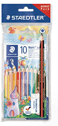 STAEDTLER Jumbo Buntstifte Noris Club, erhöhte Bruchfestigkeit, Dreikantform, ABS-System, kindgerecht nach DIN EN71, Set mit 10 brillanten Farben, Radierer und Bleistift, 61 SET7