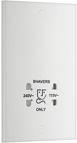 BG Electrical Dual Voltage Shaver Plug Socket, Electric Toothbrush Charger Socket for Bathrooms, Square Edge, Nexus 900 Series, White Moulded, 2-Pin, 115V / 240V, 940