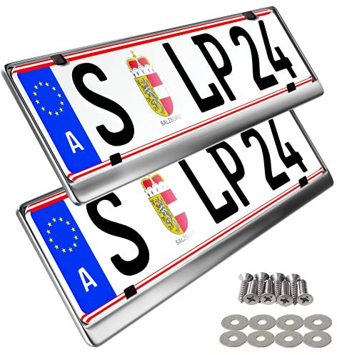 2 x Kennzeichenhalter in Edelstahl poliert - 100% Edelstahl -auch passend für Gebogene Stoßstangen- Maße 520 x 120mm für ÖSTERREICH,DÄNEMARK,SLOWENIEN,UNGARN (Chrom)