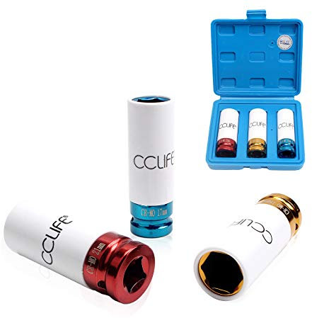 CCLIFE 3tlg Steckschlüsselsatz Schoneinsätze 1/2 Alufelgen 17 19 21mm Cr-Mo Schlagschrauber Nüsse Schonnüsse Radwechsel | 78mm Länge