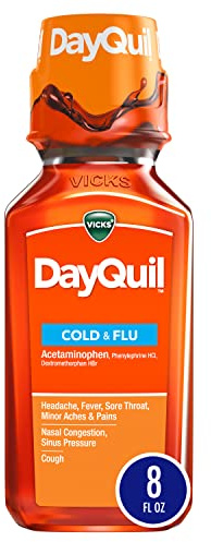 Vicks DayQuil Cold and Flu Relief Liquid Medicine, Non-Drowsy Powerful Multi-Symptom Daytime Relief for Headache, Fever, Sore Throat, Minor Aches and Pains, Nasal Congestion, and Cough, 12 FL OZ