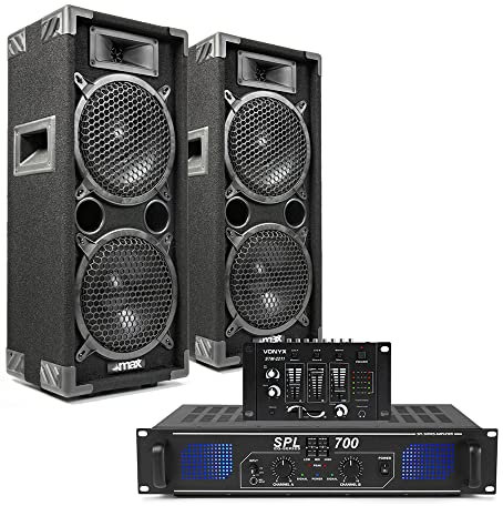 Max Dual 8 Passive DJ Speakers, SPL700 Amplifier & Vonyx 4-Channel Mixer Complete PA System for Bedroom DJs, Home Party, Karaoke & Disco Events 1600W