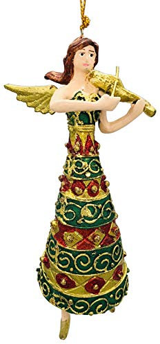 crafts & design Engel mit Geige, Deko Hänger mit Verzierungen, Christbaumschmuck, Gold, grün, 15 cm