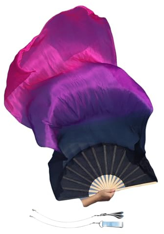Winged Sirenny Paar Handgemalter Vielseitig Seidenfächer-Schleier mit Poi-Schnüren, Leichte 150cm Fächer-Pois für Bauchtanz, Tribal Dance, Bühnenshows & Spirituelle Tanz (schwarz-violett-rosa)