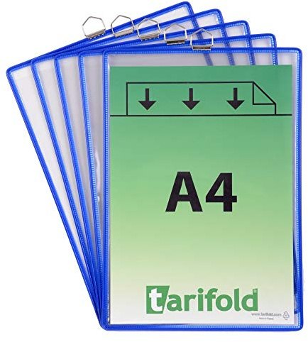 Tarifold Es 154501- Pack de 5 Fundas Bolsas A4 porta-anuncios y documentos con anilla metálica para colgar, PVC marco color Azul