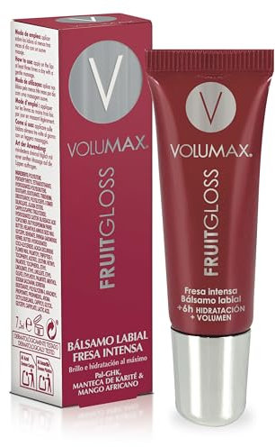 Volumax Fruitgloss. Gloss à lèvres au goût intense et durable. Hydratation maximale, brillance, confort et volume. Saveur fraise intense. 7,5 ml