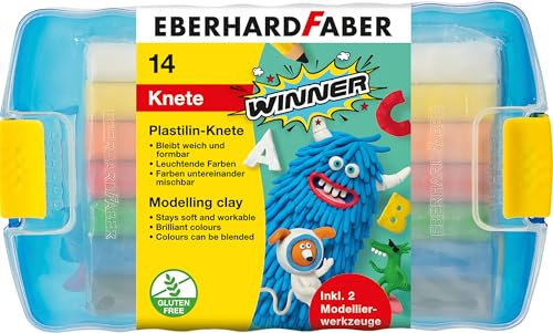 EBERHARD FABER 572010 - Plastilin Knete Winner, 14er Kunststoffbox mit 7 leuchtenden Farben und 2 Modellierwerkzeugen